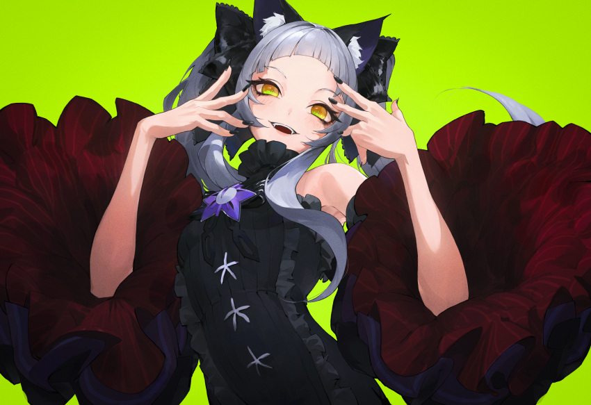 1girl animal_ear_fluff animal_ears arched_bangs black_dress black_nails black_sleeves blush breasts brooch cat_ears center_frills commentary contrapposto detached_sleeves dress fangs fingernails forehead frilled_dress frilled_ribbon frills gothic_lolita green_background grey_hair hair_ribbon highres hololive impossible_clothes impossible_dress jewelry kiokoii lolita_fashion long_fingernails long_hair looking_at_viewer murasaki_shion murasaki_shion_(5th_costume) nail_polish official_alternate_costume official_alternate_hairstyle open_mouth ribbon sidelocks simple_background sleeveless sleeveless_dress small_breasts solo star_(symbol) star_brooch twintails upper_body virtual_youtuber wide_sleeves