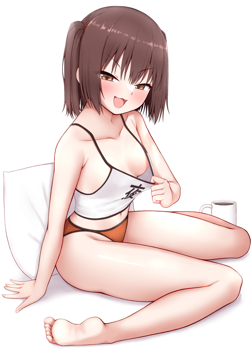 1girl absurdres barefoot breasts brown_eyes brown_hair camisole camisole_lift cleavage clothes_writing crop_top cup feet highres kantai_collection legs mug night_battle_idiot open_mouth orange_panties panties pillow sendai_(kancolle) shirt_tug short_hair simple_background sitting small_breasts smile soles solo spaghetti_strap tiemu_(man190) toes two_side_up underwear wariza white_background white_camisole