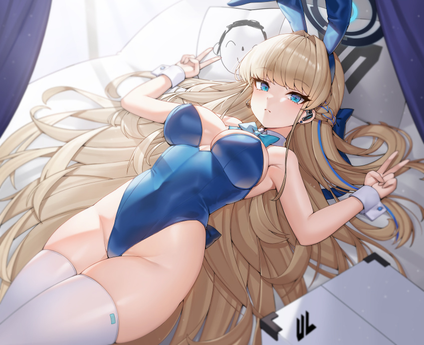 1girl absurdres animal_ears arona's_sensei_doodle_(blue_archive) bare_arms bare_shoulders blonde_hair blue_archive blue_eyes blue_hairband blue_leotard blush breasts closed_mouth fake_animal_ears hair_intakes hair_ornament hairband halo highleg highleg_leotard highres large_breasts leotard long_hair looking_at_viewer lying morung on_back playboy_bunny rabbit_ears sensei_(blue_archive) solo thighhighs thighs white_thighhighs wrist_cuffs