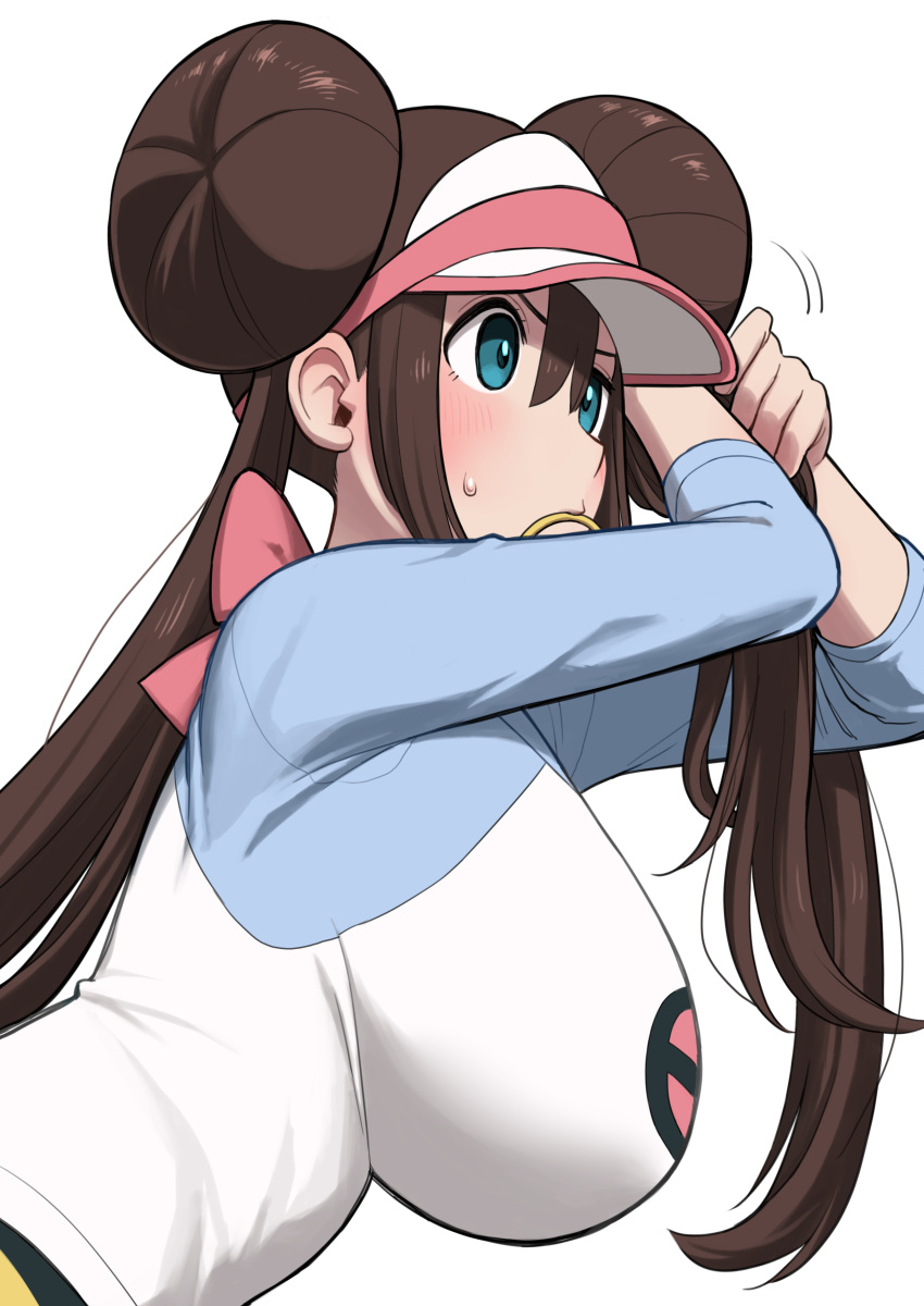 1girl absurdres adjusting_hair blue_eyes blue_shirt blush bow breasts brown_hair closed_mouth commentary double_bun doughnut_hair_bun from_side hair_between_eyes hair_bow hair_bun hair_tie_in_mouth highres impossible_clothes impossible_shirt keiichi_r18 large_breasts leaning_forward long_hair mouth_hold pink_bow poke_ball_print pokemon pokemon_(game) pokemon_bw2 raglan_sleeves rosa_(pokemon) shirt simple_background solo sweatdrop twintails two-tone_shirt upper_body visor_cap white_background white_shirt