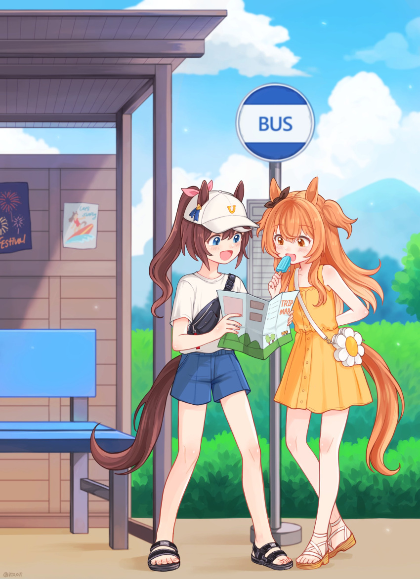 2girls absurdres alternate_costume animal_ears arm_behind_back bag baseball_cap bench blue_eyes blue_shorts brown_hair bus_stop bus_stop_sign bush casual cloud day ear_bow ears_through_headwear fanny_pack flat_chest food hat hedge highres holding holding_map horse_ears horse_girl horse_tail long_hair map mayano_top_gun_(umamusume) multiple_girls open_mouth orange_hair outdoors ponytail popsicle rio_(rio_067) sandals shirt shirt_tucked_in shorts shoulder_bag smile standing tail toes tokai_teio_(umamusume) twitter_username two_side_up umamusume white_headwear white_shirt