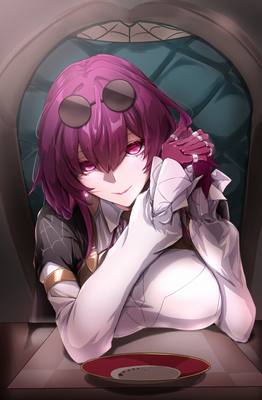 1girl absurdres breasts collared_shirt dress_shirt eyewear_on_head highres honkai:_star_rail honkai_(series) kafka_(honkai:_star_rail) large_breasts long_hair looking_at_viewer ponytail purple_eyes purple_hair round_eyewear shirt sidelocks smile solo sunglasses white_shirt yukiru_akitera