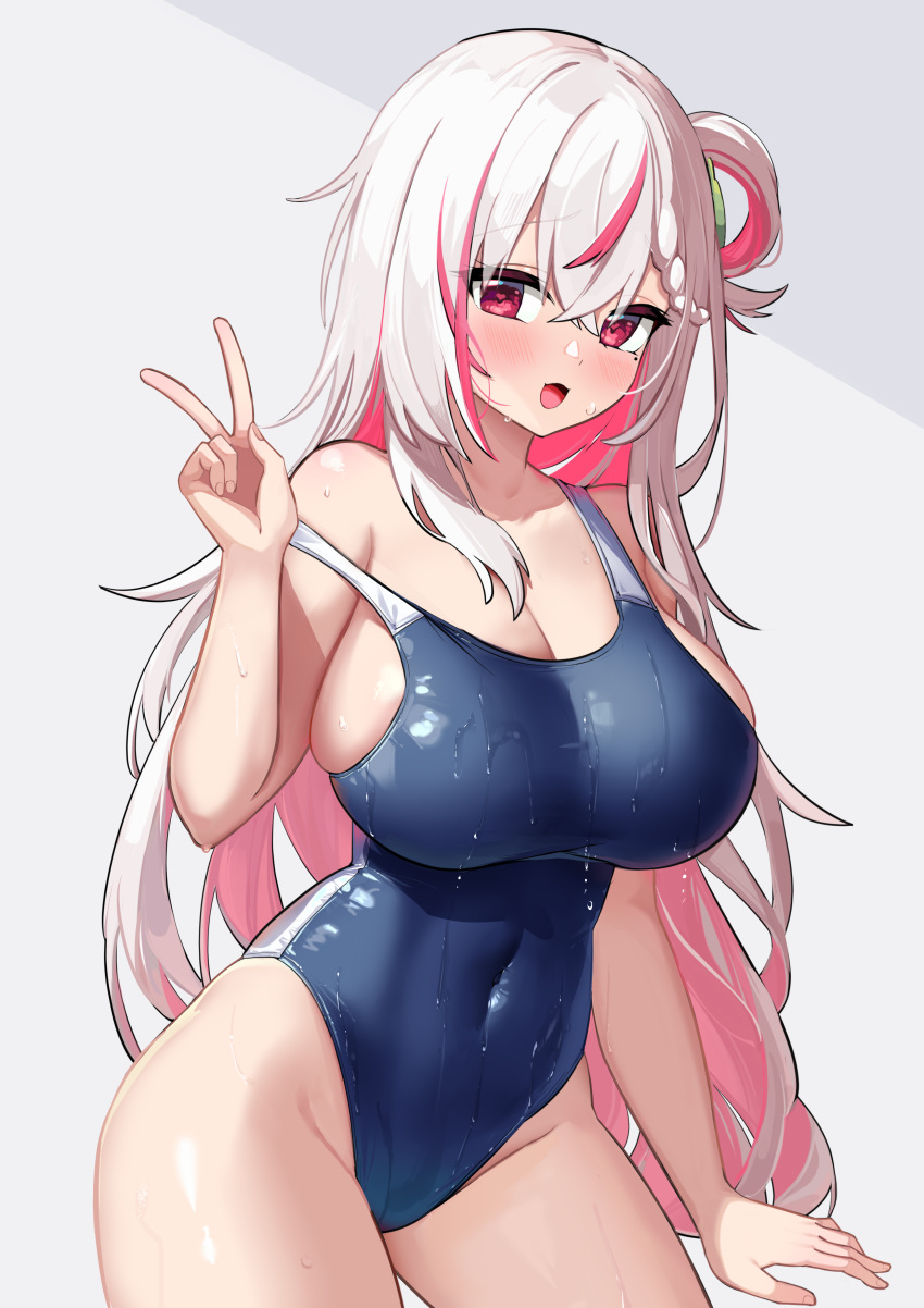 1girl absurdres blue_one-piece_swimsuit blush braid breasts covered_navel dripping hair_ornament highres huge_breasts large_breasts light_blush mingyin_meion_(vtuber) mole mole_under_eye multicolored_hair navel one-piece_swimsuit one_side_up open_mouth original pink_eyes pink_hair shuibo single_hair_ring solo solo_focus strap_slip sweat sweatdrop swimsuit thick_thighs thighs tongue two-tone_hair v virtual_youtuber water water_drop wet wet_clothes wet_swimsuit white_background white_hair