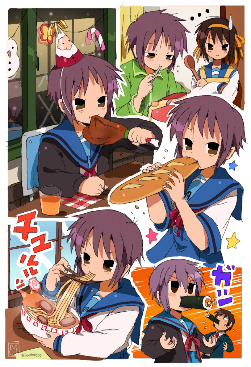 baguette bendedede black_cardigan blue_sailor_collar bread brown_eyes cardigan eating ehoumaki english_commentary food grey_hair hat highres kita_high_school_uniform kyon makizushi multiple_views nagato_yuki noodles pajamas party_hat ramen sailor_collar school_uniform serafuku short_hair summer_uniform sushi suzumiya_haruhi suzumiya_haruhi-chan_no_yuuutsu suzumiya_haruhi_no_yuuutsu turkey_(food) upper_body winter_uniform