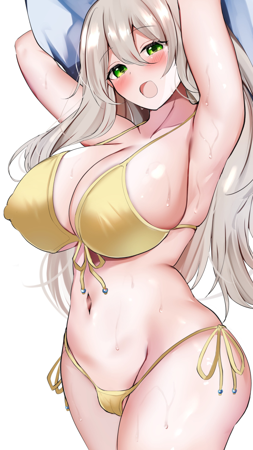 1girl absurdres armpits arms_up bikini blue_archive blush breasts cameltoe cleavage collarbone covered_nipples front-tie_bikini_top front-tie_top green_eyes groin hair_between_eyes highres huge_breasts kokihanada light_brown_hair long_hair looking_at_viewer navel nonomi_(blue_archive) nonomi_(swimsuit)_(blue_archive) official_alternate_costume side-tie_bikini_bottom simple_background skindentation smile solo stomach string_bikini sweat swimsuit very_long_hair white_background white_headwear