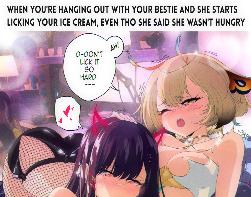 2girls absurdres black_hair blush breasts brown_hair cleavage english_text fishnets glint gradient_hair grs- heart highres horns implied_fellatio implied_futanari indoors medium_breasts multicolored_hair multiple_girls one_eye_closed open_mouth original speech_bubble spoken_heart table