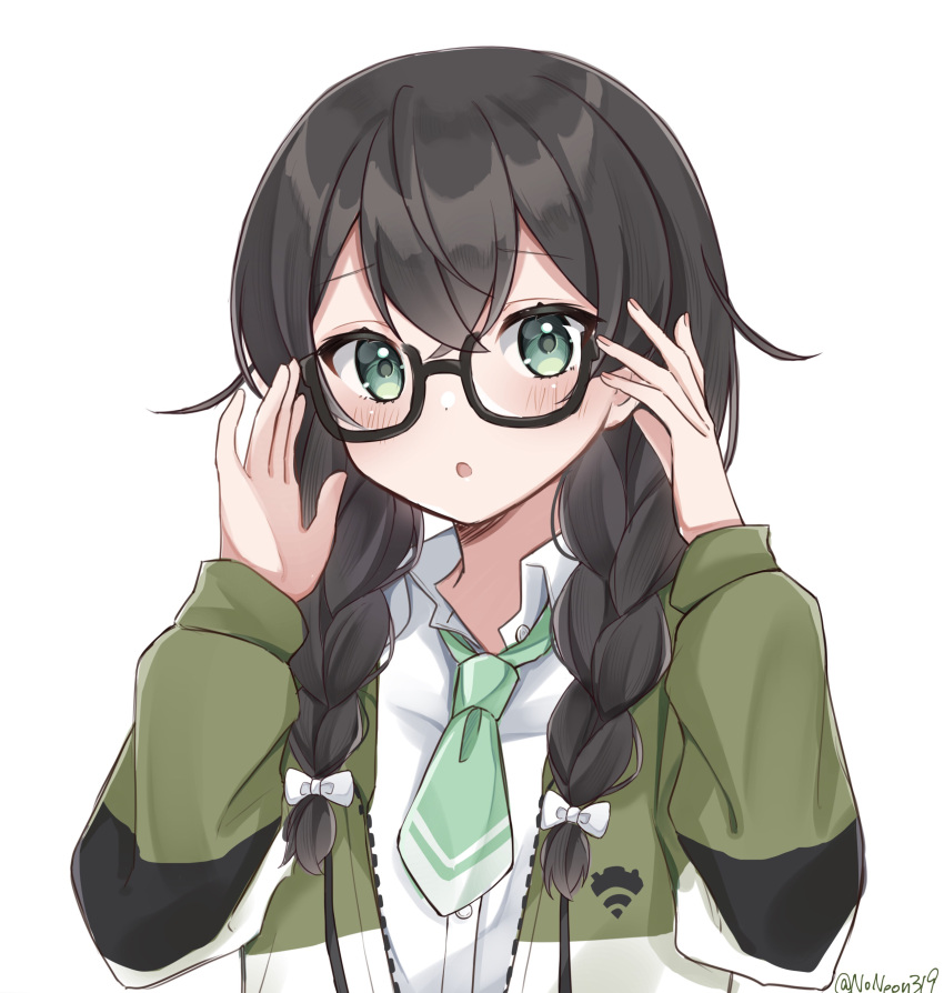 1girl :o absurdres adjusting_eyewear artist_name ascot black-framed_eyewear blush braid brown_hair cevio collared_shirt dot_nose drawstring glasses green_ascot green_eyes green_jacket hair_between_eyes hanakuma_chifuyu hands_on_eyewear highres jacket long_sleeves looking_at_viewer multicolored_clothes multicolored_jacket noneon319 open_clothes open_collar open_jacket open_mouth raised_eyebrows semi-rimless_eyewear shirt sidelocks simple_background solo synthesizer_v twin_braids two-tone_jacket upper_body white_background white_jacket white_shirt zipper