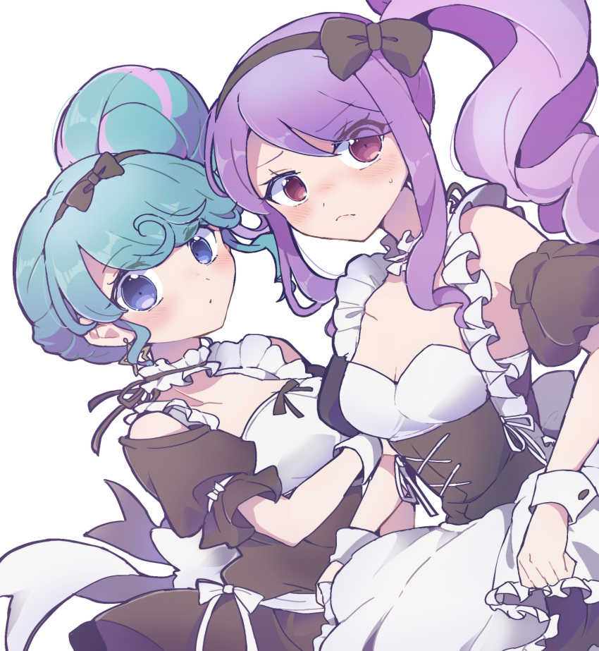 2girls apron black_bow black_dress black_hairband blue_eyes blue_hair blush bow breasts choker cleavage closed_mouth commentary_request corset detached_sleeves dress dual_persona frilled_choker frills frown hair_bun hairband highres junon_(pripara) long_hair looking_at_viewer maid multicolored_hair multiple_girls nojima_minami pink_hair pinon_(pripara) pretty_(series) pripara puffy_short_sleeves puffy_sleeves purple_hair red_eyes short_sleeves side_ponytail sidelocks simple_background single_hair_bun small_breasts streaked_hair sweatdrop white_apron white_background wrist_cuffs