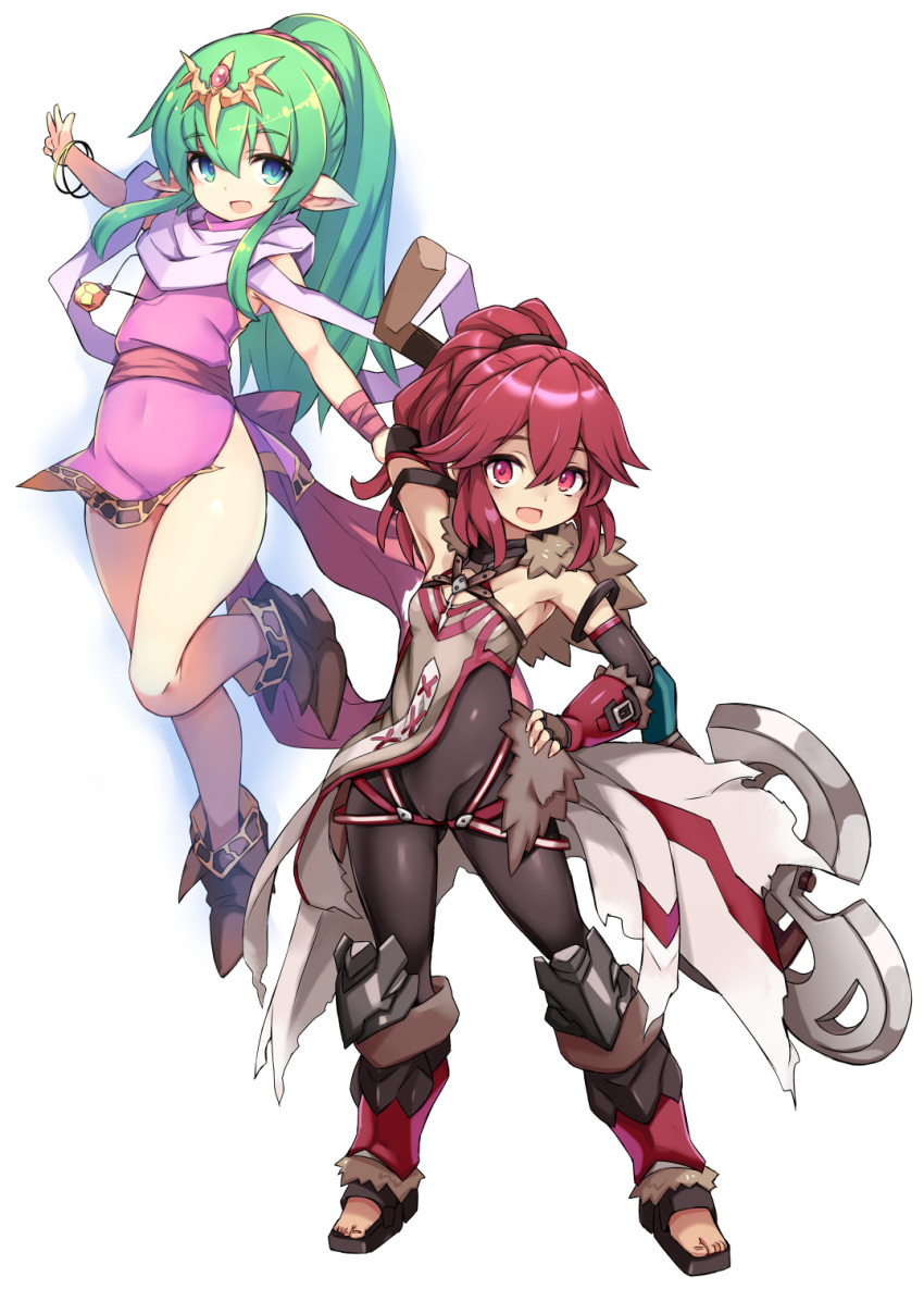 2girls :d arm_behind_head arm_up armored_boots armpits bangle black_bodysuit black_footwear bodysuit boots bracelet breasts brown_footwear brown_gloves covered_navel dress fingerless_gloves fire_emblem fire_emblem:_mystery_of_the_emblem full_body gloves green_eyes green_hair groin hair_between_eyes hand_on_hip headpiece high_ponytail highres holding impossible_clothes impossible_dress jewelry karukan_(monjya) knee_boots long_hair looking_at_viewer multiple_girls no_panties outstretched_arms pink_dress pink_scarf pointy_ears ponytail red_eyes red_hair scarf simple_background sleeveless sleeveless_dress small_breasts smile standing thighs tiki_(fire_emblem) tiki_(young)_(fire_emblem) toeless_footwear very_long_hair white_background