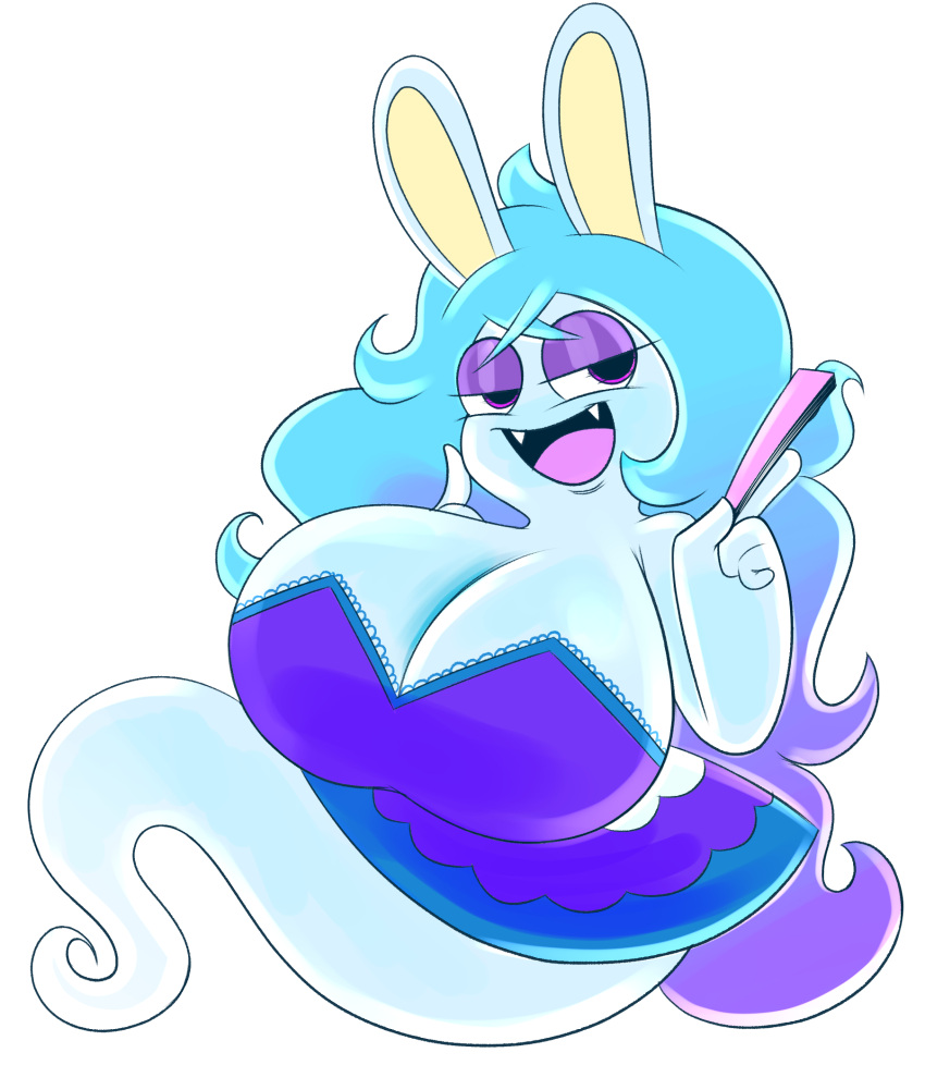 anthro big_breasts black_pupils blue_hair breasts cleavage clothed clothing dress female folding_fan ghost hair half-closed_eyes hi_res holding_fan huge_breasts lagomorph leporid mammal mario_plus_rabbids_sparks_of_hope midnite_(mario_plus_rabbids) narrowed_eyes open_mouth ota_(artist) pupils purple_eyes rabbid rabbit raving_rabbids rayman_(series) solo spirit ubisoft white_body