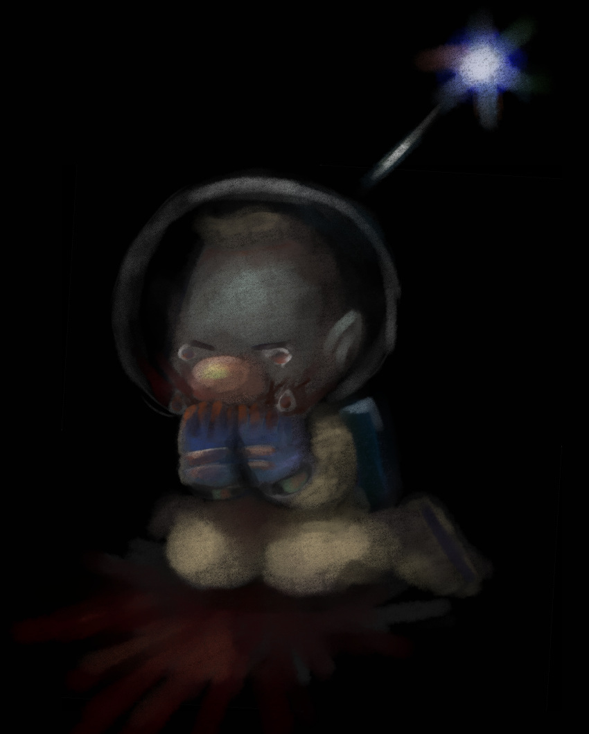 1boy absurdres alien backpack bag big_nose black_background blonde_hair blood blood_on_hands blood_stain blue_bag blue_gloves blue_light closed_eyes crying dark_background gloves hand_to_own_mouth highres iat-418 implied_cannibalism looking_down louie_(pikmin) pikmin_(series) pointy_ears radio_antenna short_hair sitting space_helmet spacesuit streaming_tears tears very_short_hair wariza