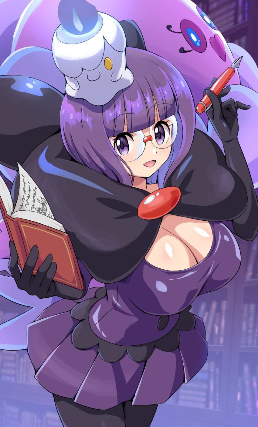 absurdres blunt_bangs bob_cut book breasts cleavage fire glasses highres holding holding_book holding_pen jellicent jellicent_(female) large_breasts litwick open_mouth pen pokemoa pokemon pokemon_(creature) pokemon_(game) pokemon_bw purple_eyes purple_fire purple_hair purple_skirt rimless_eyewear round_eyewear shauntal_(pokemon) skirt smile