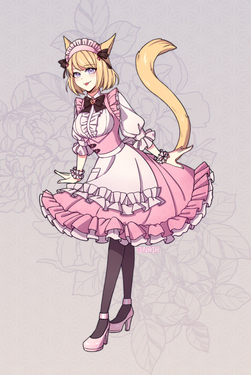 1girl :3 :p absurdres animal_ears apron arms_at_sides black_pantyhose blonde_hair bob_cut bow bowtie breasts brooch cat_ears cat_girl cat_tail center_frills circle_skirt closed_mouth commentary dress english_commentary final_fantasy final_fantasy_xiv fingernails floral_background frilled_apron frilled_dress frilled_shirt frilled_sleeves frills full_body gem glint grey_background high_heels highres jewelry leaning_forward light_blush looking_at_viewer maid maid_headdress medium_breasts medium_dress miqo'te naih_cy pantyhose pink_apron pink_dress pink_footwear pink_shirt pixiv_username puffy_sleeves purple_eyes red_bow red_bowtie red_gemstone red_ribbon ribbon scrunchie shirt shoes short_hair sleeveless sleeveless_dress sleeves_past_elbows slit_pupils solo standing strappy_heels swept_bangs tail tail_raised tongue tongue_out two-tone_dress underbust waist_apron walking white_shirt wrist_scrunchie