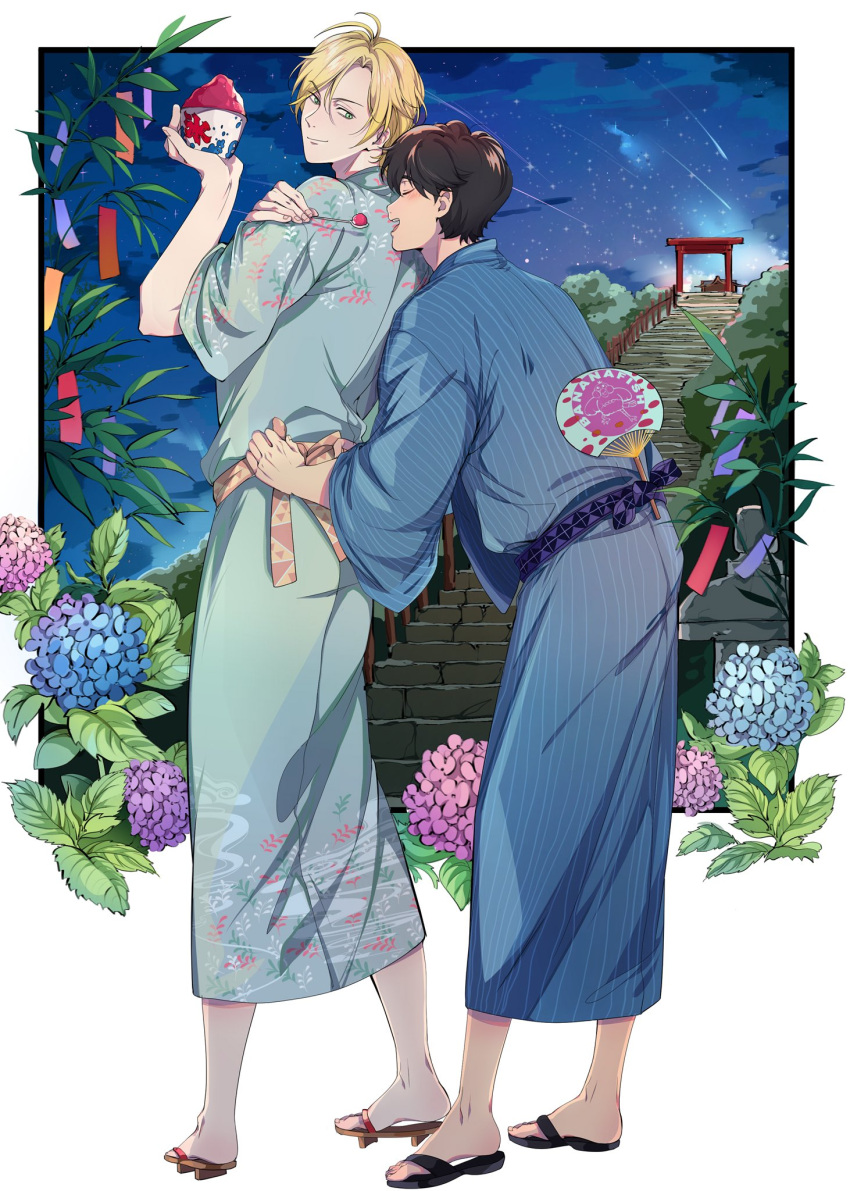 2boys aqua_kimono ash_lynx banana_fish blonde_hair blue_flower blue_kimono bowl brown_eyes brown_hair closed_eyes couple feeding flower food full_body geta green_eyes hand_fan highres holding holding_bowl hydrangea japanese_clothes kimono looking_at_another looking_back male_focus multiple_boys night night_sky okumura_eiji open_mouth paper_fan purple_flower sash shaved_ice shooting_star short_hair sky smile stairs tanabata temple tying vidave1 yaoi zouri