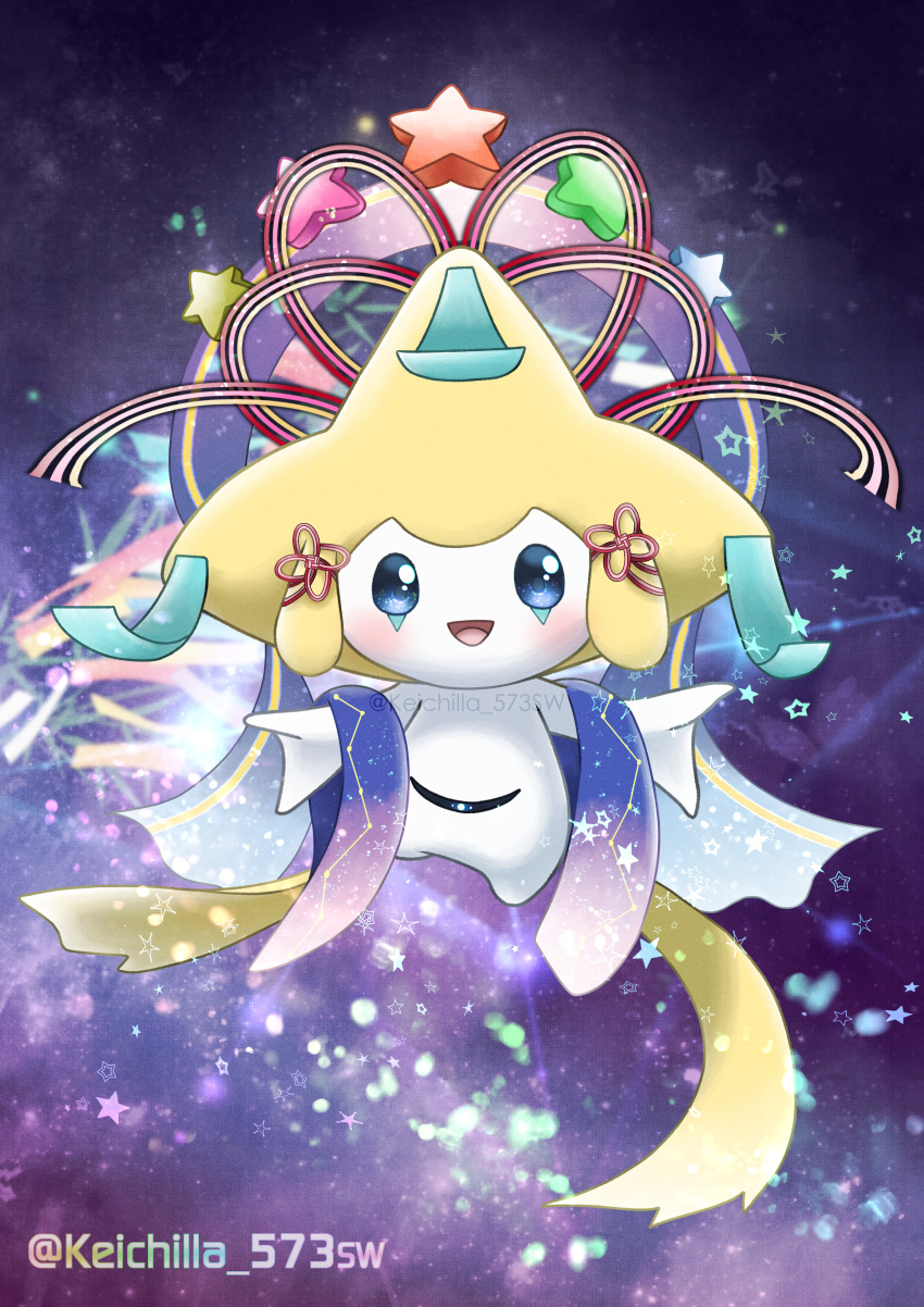 absurdres blue_eyes blush constellation_print highres jirachi keichilla looking_at_viewer no_humans no_nose open_mouth pokemon pokemon_(creature) purple_background sash solo star_(symbol) tanzaku twitter_username