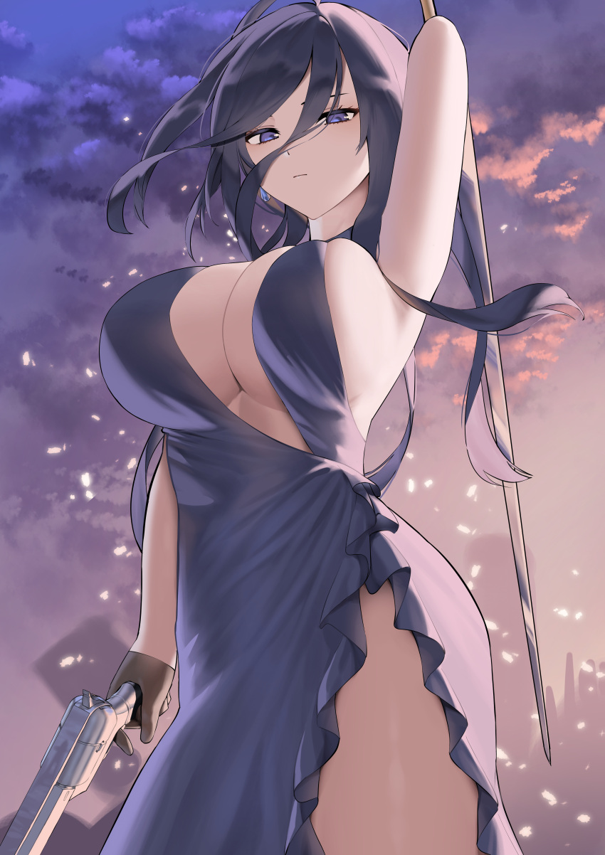 1girl absurdres arm_up armpits bare_shoulders blue_dress blush breasts brown_gloves cleavage clorinde_(genshin_impact) dress earrings genshin_impact gloves gradient_sky gun hair_between_eyes highres jewelry large_breasts long_hair looking_at_viewer lordol orange_sky parted_bangs purple_eyes purple_hair purple_sky side_slit sideboob sky solo sword thighs twilight weapon