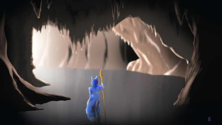 anthro armor blue_body blue_fur blue_hair bottomwear canid canine cave clothing female fox fur hair high-angle_view jewelry krystal loincloth mammal nahadon nintendo rear_view reflection solo staff star_fox underground walking water