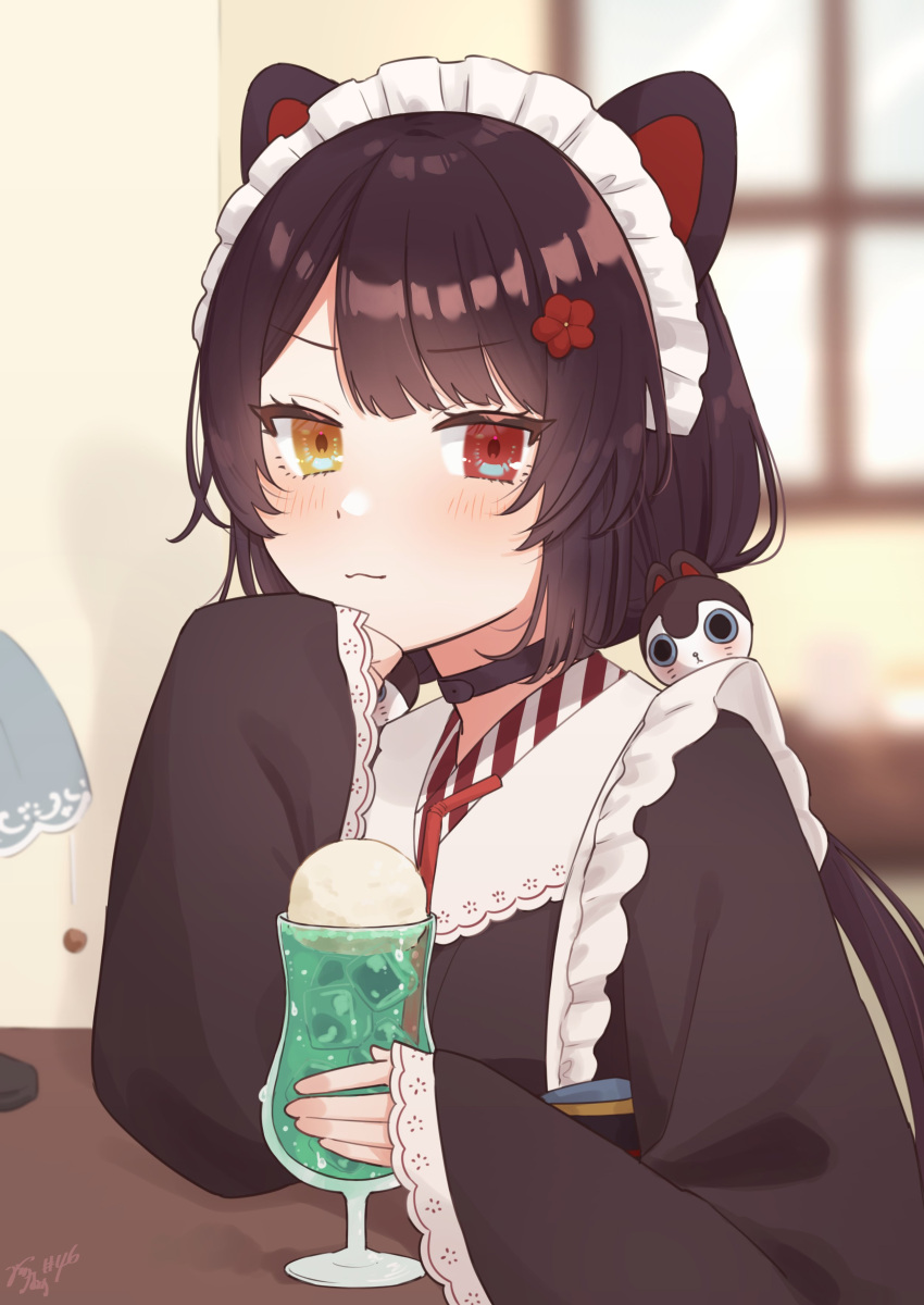 1girl :3 absurdres animal_ears black_choker black_dress black_hair blurry blurry_background blush choker closed_mouth collared_dress cup dog_ears dog_hair_ornament dress drinking_glass flower frilled_dress frills hair_flower hair_ornament hand_up heterochromia highres indoors inui_toko inui_toko_(1st_costume) japanese_clothes long_hair long_sleeves low_twintails maid_headdress mitora_nao nijisanji parted_bangs red_eyes red_flower sleeves_past_fingers sleeves_past_wrists smoothie soda solo twintails upper_body v-shaped_eyebrows virtual_youtuber wide_sleeves yellow_eyes