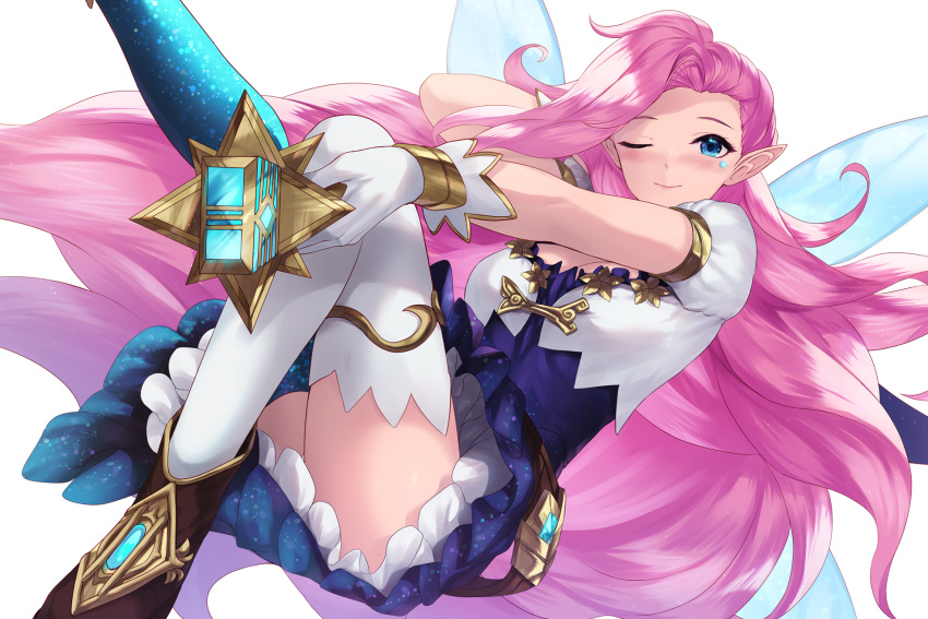 1girl ;) blue_eyes blush boots brown_footwear cait_aron commentary gloves highres league_of_legends long_hair looking_at_viewer one_eye_closed pink_hair pointy_ears puffy_short_sleeves puffy_sleeves seraphine_(league_of_legends) short_sleeves smile solo thighhighs very_long_hair white_gloves white_thighhighs wings