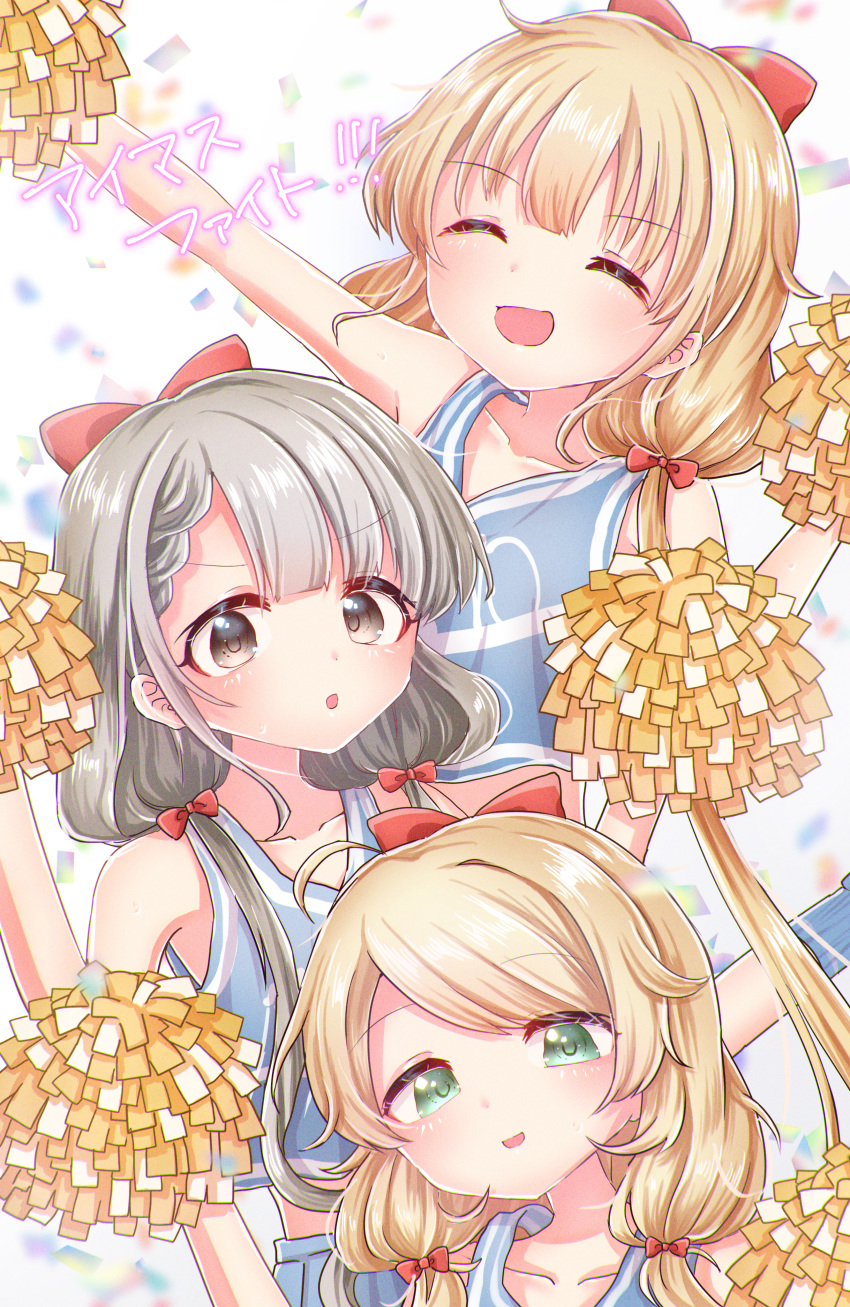 3girls :o ^_^ absurdres alternate_costume asymmetrical_bangs blonde_hair blue_shirt blush bow braid braided_bangs cheerleader closed_eyes collarbone confetti cropped_shirt futaba_anzu grey_hair hair_bow highres hisakawa_nagi holding holding_pom_poms idolmaster idolmaster_cinderella_girls jersey looking_at_viewer marieshi multiple_girls pom_pom_(cheerleading) shirt sleeveless sleeveless_shirt smile twintails yusa_kozue