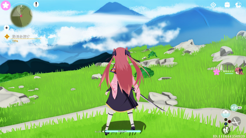 1girl absurdres armor cloud day fake_screenshot from_behind gameplay_mechanics health_bar highres holding holding_sword holding_weapon jouizumi_masamune katana long_hair minimap mountainous_horizon on_grass outdoors red_hair rock shoulder_armor solo sword tenka_hyakken thighhighs two_side_up user_interface waist_cape weapon wide_sleeves x09_customdoll