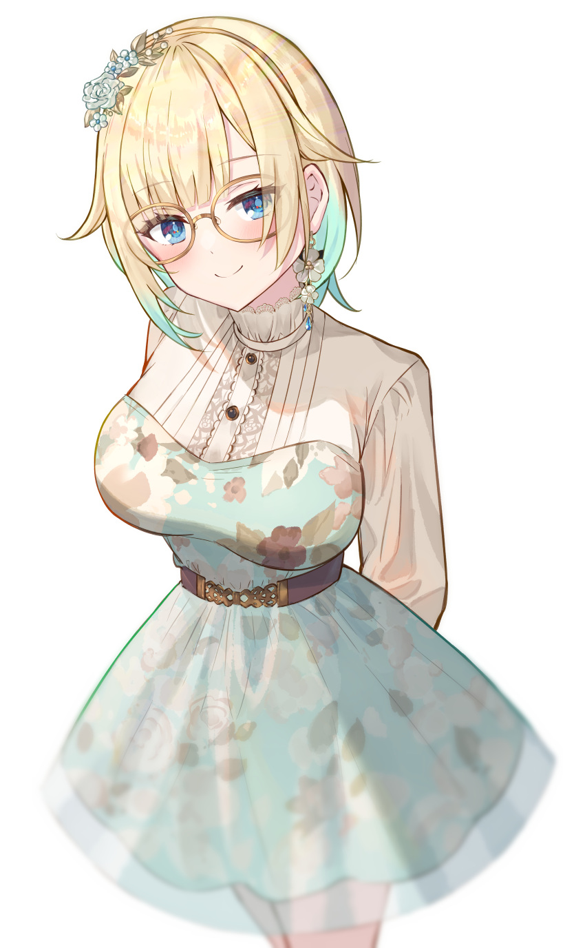 1girl absurdres aizawa_ema belt blonde_hair blue_dress blue_eyes blush brown_belt commentary_request dress earrings floral_print flower flower_earrings glasses gradient_hair green_hair hair_flower hair_ornament hairband highres jewelry lace-trimmed_shirt lace_trim long_sleeves looking_at_viewer multicolored_hair official_alternate_costume shirt short_hair simple_background smile solo turtleneck virtual_youtuber vspo! white_background white_shirt yellow-framed_eyewear yoto_4102