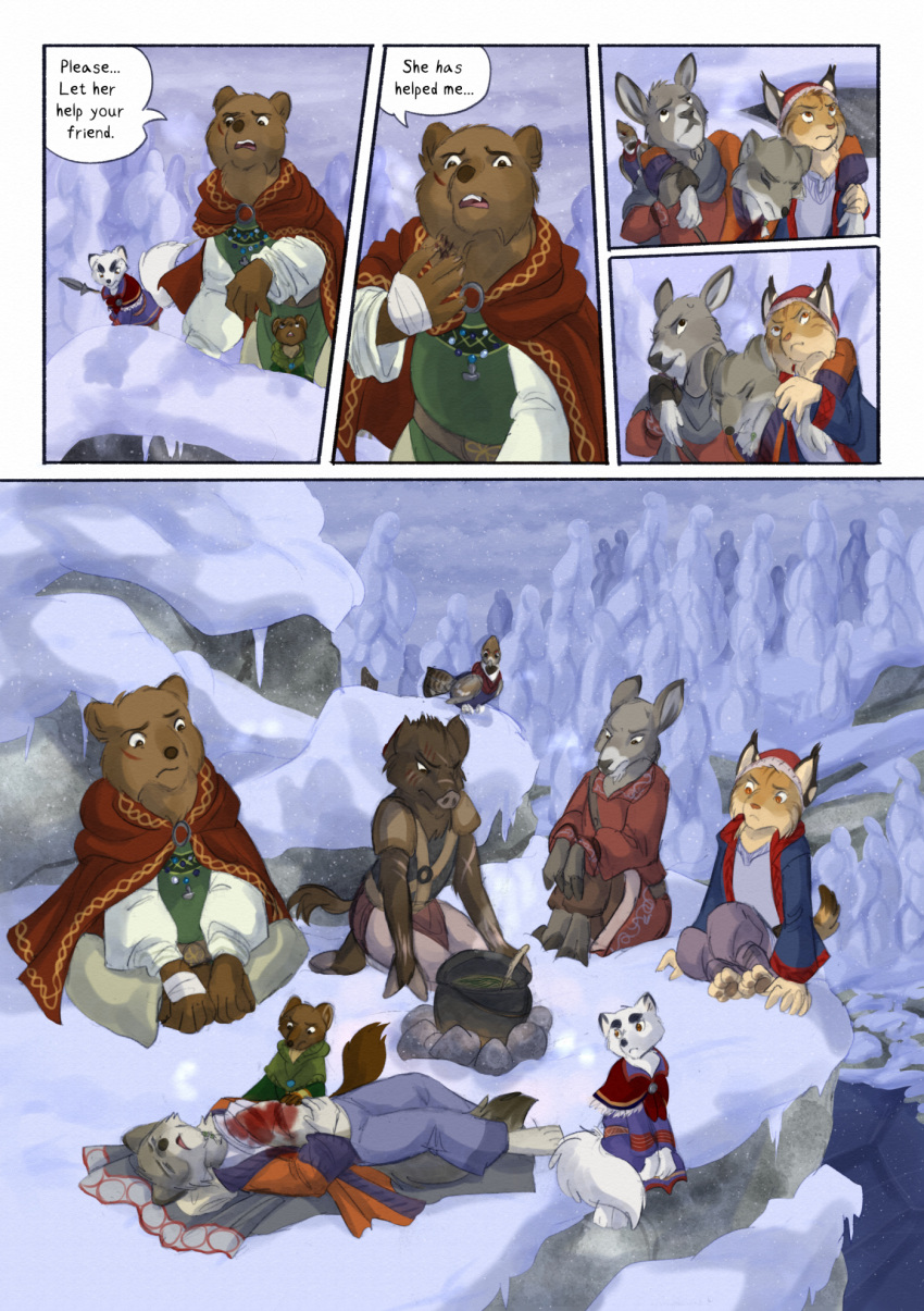 2022 5_fingers anthro arctic_fox bear biped bjekkergauken blood bodily_fluids bow_(weapon) brown_bear brown_body brown_fur brown_tail canid canine clothed clothing colored comic dialogue dialogue_box english_text female fingers fox fur green_clothing group gulonine herja_(bjekkergauken) hi_res hillevi male mammal marten melee_weapon mustelid musteline outside pine_marten polearm purple_clothing ranged_weapon shirin_(bjekkergauken) size_difference snow spear speech_bubble suid suina sus_(pig) tail text unni_(bjekkergauken) ursine weapon white_body white_fur white_tail wild_boar wounded