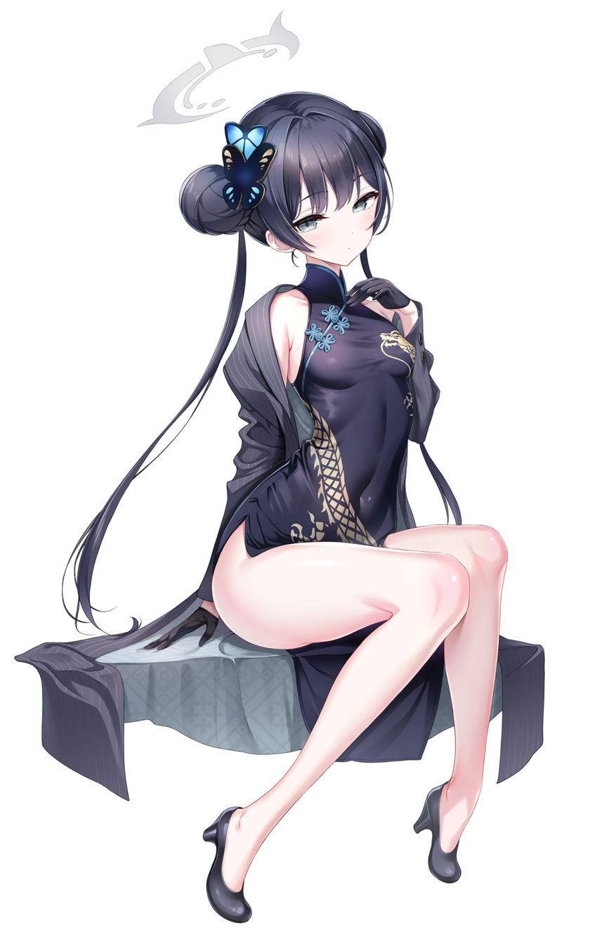 1girl bare_shoulders black_dress black_gloves black_hair blue_archive blush braid braided_bun breasts butterfly_hair_ornament china_dress chinese_clothes coat covered_navel double_bun dragon_print dress full_body gloves grey_coat grey_eyes hair_bun hair_ornament half_gloves halo high_heels highres kisaki_(blue_archive) long_hair long_sleeves looking_at_viewer off_shoulder pelvic_curtain pinstripe_pattern short_dress side_slit sitting small_breasts solo striped striped_coat twintails vertical-striped_coat youta
