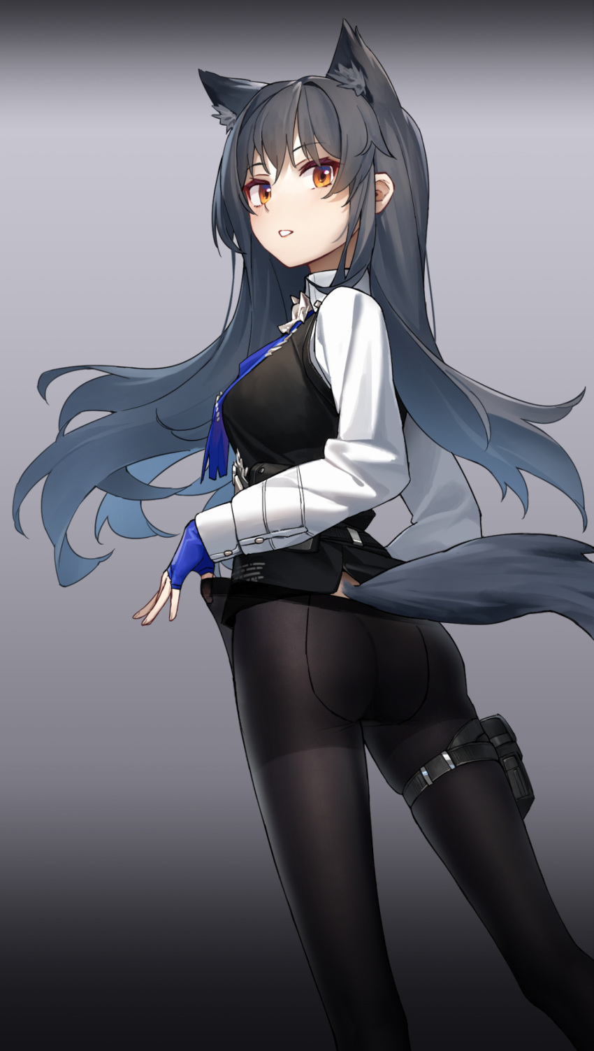 1girl adjusting_clothes adjusting_legwear animal_ear_fluff animal_ears arknights arnold-s ass back-seamed_legwear black_hair black_pantyhose black_vest blue_gloves blue_necktie extra_ears fingerless_gloves gloves gradient_background highres holster long_hair looking_at_viewer necktie no_panties no_pants orange_eyes pantyhose seamed_legwear shirt solo tail texas_(arknights) texas_the_omertosa_(arknights) thigh_holster vest white_shirt wolf_ears wolf_tail