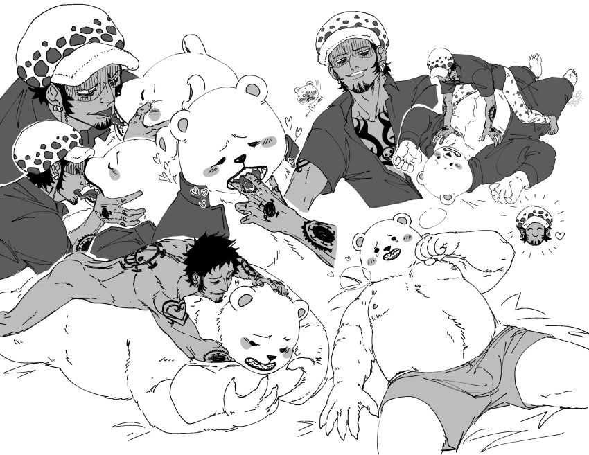 2023 anthro bear belly bepo big_belly blush bulge butt clothing duo hat headgear headwear hi_res human human_on_anthro interspecies kissing lying male male/male mammal minkmen_(one_piece) moobs nekokat42 nipples one_piece overweight overweight_male polar_bear tattoo trafalgar_law underwear ursine