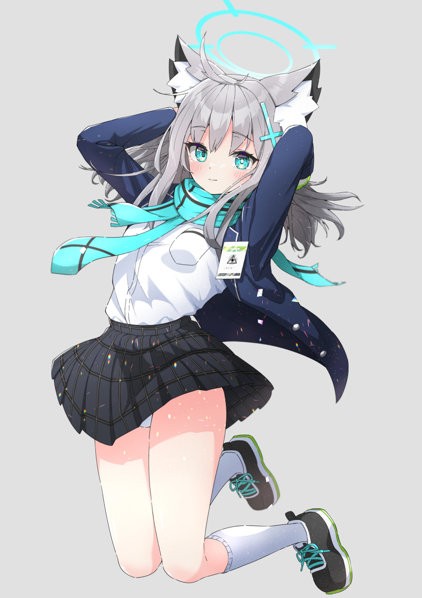 1girl absurdres animal_ears arms_behind_head arms_up black_skirt blazer blue_archive blue_eyes blue_jacket blue_scarf blush cross_hair_ornament full_body gloves hair_ornament halo highres isakoro_(hx9cj) jacket jumping kneehighs knees_together_feet_apart legs_folded long_hair long_sleeves looking_at_viewer midair miniskirt mismatched_pupils open_clothes open_jacket panties pantyshot plaid plaid_skirt scarf school_uniform shiroko_(blue_archive) shirt skirt smile socks solo thighs underwear upskirt white_hair white_panties white_shirt