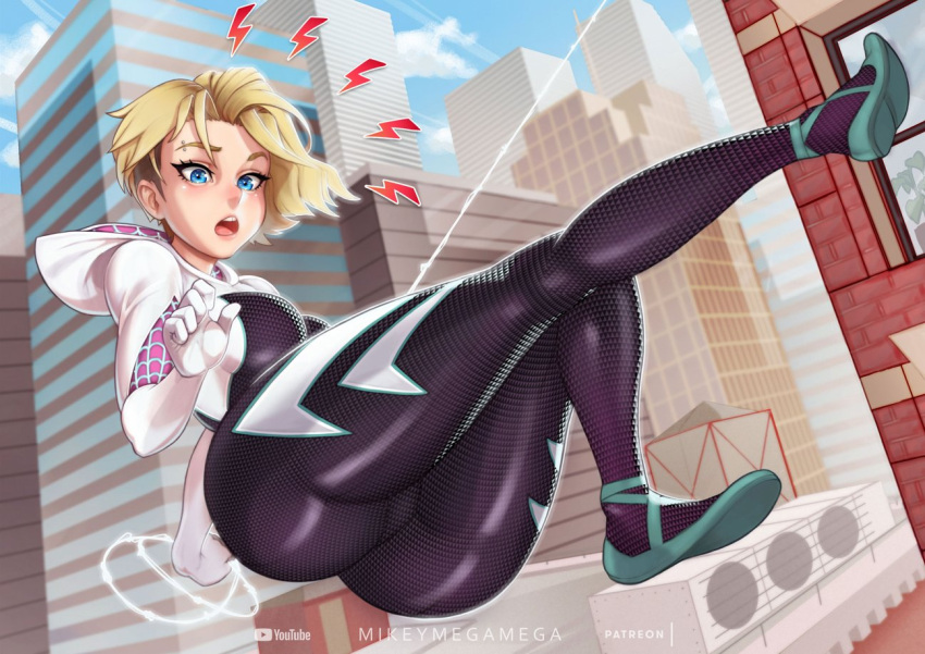 1girl aqua_footwear ass ballet_slippers blonde_hair blue_eyes bodysuit breasts eyebrow_piercing gwen_stacy hood hood_down hooded_bodysuit looking_at_viewer marvel medium_breasts mikeymegamega open_mouth piercing short_hair skin_tight spider-gwen spider-man:_across_the_spider-verse spider-man:_into_the_spider-verse spider-man_(series) spider_web_print superhero