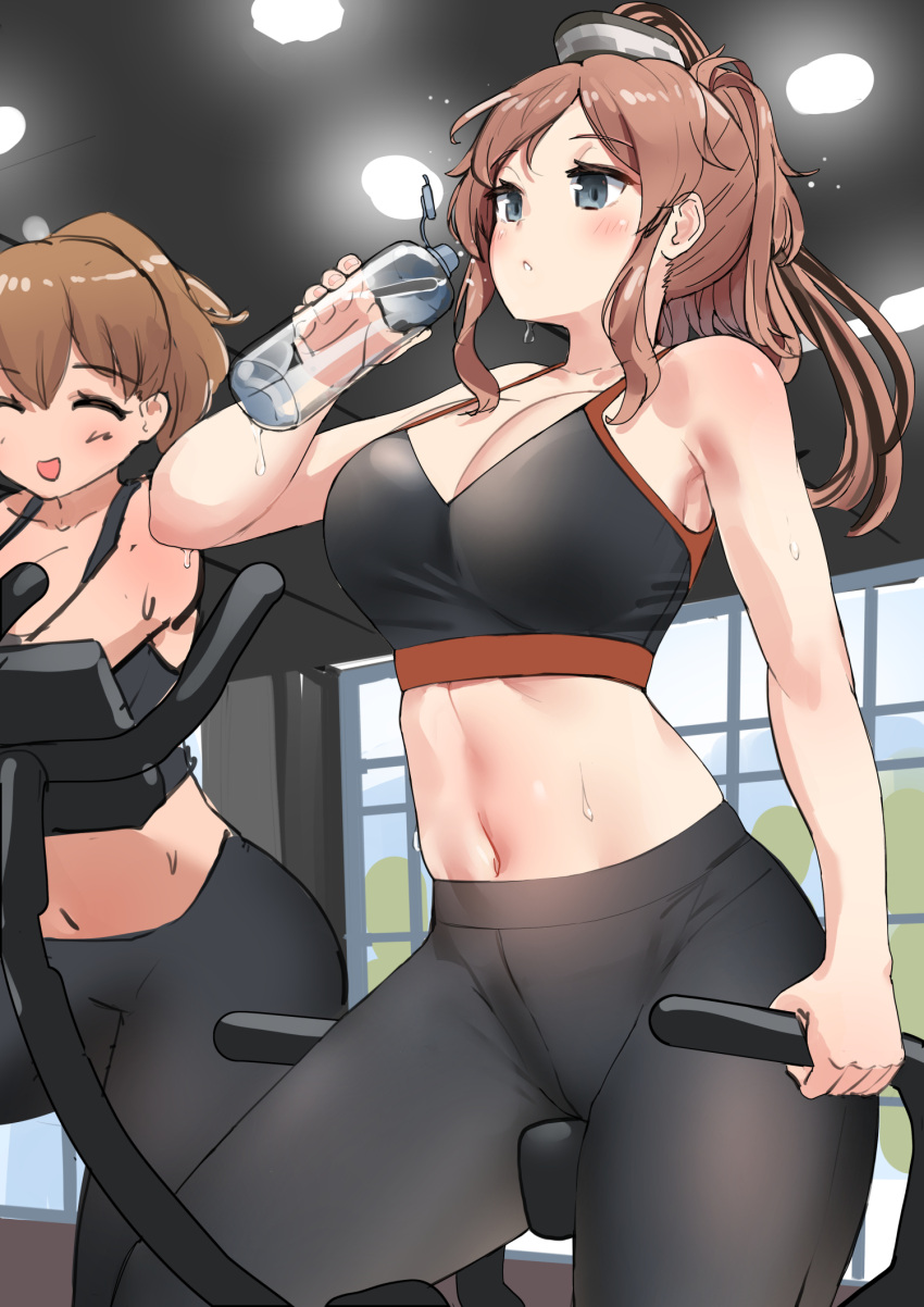 2girls black_pants black_sports_bra bottle breasts brown_hair exercise exercise_bike highres intrepid_(kancolle) kantai_collection large_breasts midriff multiple_girls navel osananajimi_neko pants ponytail saratoga_(kancolle) sports_bra water_bottle yoga_pants