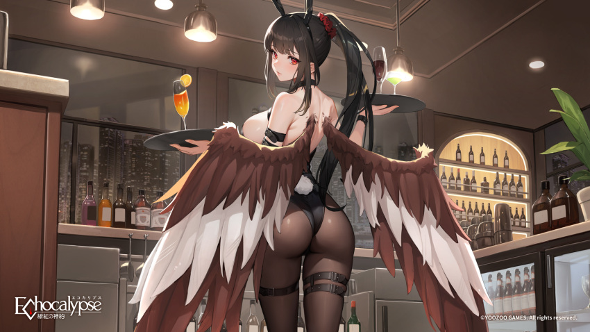 1girl animal_ears arm_belt artist_request ass bar_(place) belt black_belt black_choker black_hair black_leotard bottle breasts choker cityscape cocktail_glass copyright cup drinking_glass echocalypse fake_animal_ears food from_behind fruit highres holding holding_tray large_breasts leotard lights logo long_hair looking_back multicolored_wings official_art orange_(fruit) orange_slice pantyhose plant playboy_bunny ponytail potted_plant rabbit_ears rabbit_tail red_eyes red_scrunchie scrunchie second-party_source solo tail thigh_belt thigh_strap tray vedfolnir_(echocalypse) window wings