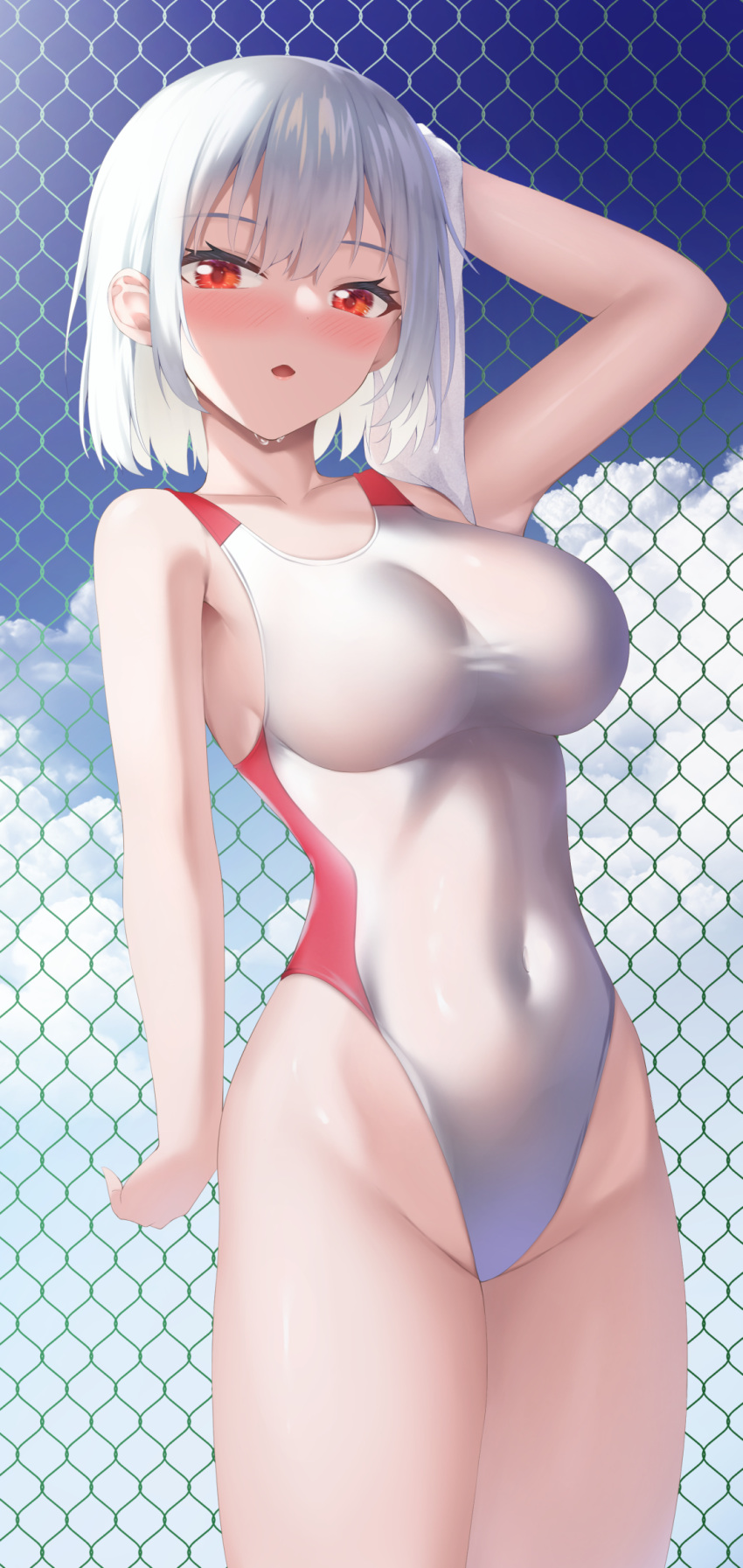 1girl blue_sky breasts chain-link_fence cloud competition_swimsuit covered_navel cowboy_shot fence highleg highleg_swimsuit highres large_breasts one-piece_swimsuit original red_eyes short_hair sky solo swimsuit tatsumiya_kagari towel two-tone_swimsuit white_hair white_one-piece_swimsuit