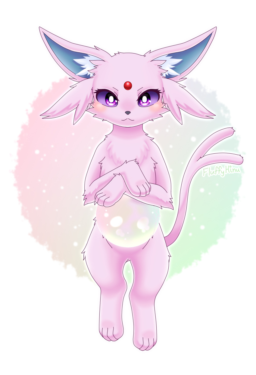 2023 4_fingers ambiguous_gender blush bubble eeveelution espeon feral fingers fluffy_hinu forehead_gem forked_tail fur generation_2_pokemon hi_res looking_at_viewer nintendo pink_body pink_fur pokemon pokemon_(species) purple_eyes simple_background solo tail unusual_anatomy unusual_tail white_background