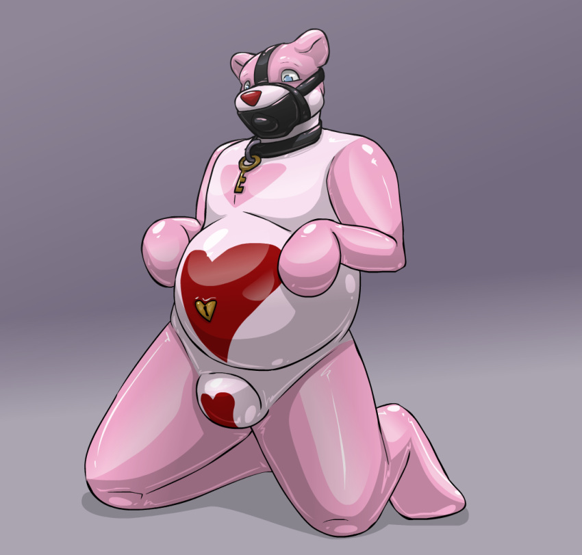 anthro bdsm bear belly blue_eyes bondage bound chastity_bulge chastity_device clothing collar endium key_on_collar lockjaw male mammal muzzle_(object) muzzled navel_keyhole pink_latex rubber rubber_clothing rubber_suit s.a.d._suit solo