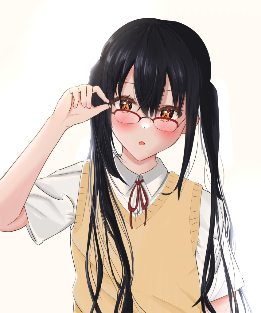 11220ii 1girl :o adjusting_eyewear black_hair blush brown_eyes collared_shirt commentary_request hair_between_eyes highres k-on! long_hair looking_at_viewer nakano_azusa neck_ribbon over-rim_eyewear parted_lips red-framed_eyewear red_ribbon ribbon sakuragaoka_high_school_uniform school_uniform semi-rimless_eyewear shirt short_sleeves sidelocks simple_background solo summer_uniform twintails white_background white_shirt