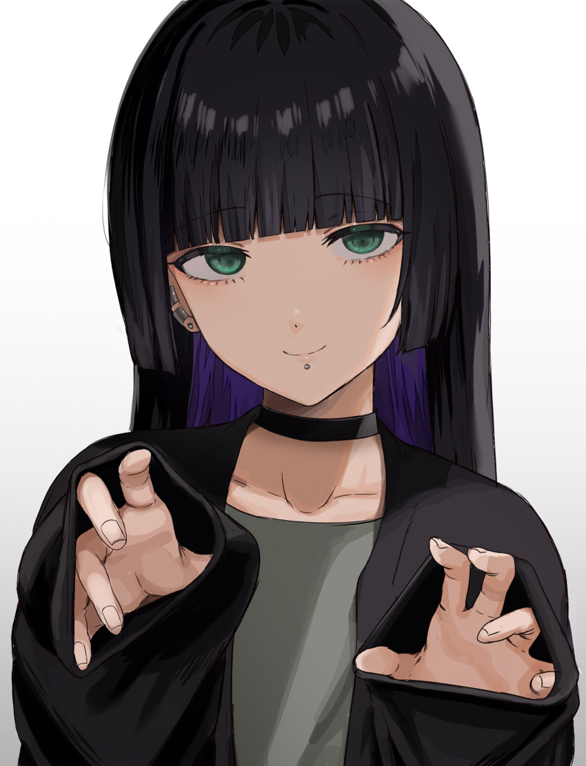 1girl black_choker black_hair black_jacket blunt_bangs bocchi_the_rock! chin_piercing choker colored_inner_hair ear_piercing green_eyes highres hime_cut ibuki_(ibuki0118) jacket lip_piercing long_hair long_sleeves looking_at_viewer mouth_piercing multicolored_hair open_clothes open_jacket pa-san piercing purple_hair shirt simple_background sleeves_past_fingers sleeves_past_wrists smile solo white_background