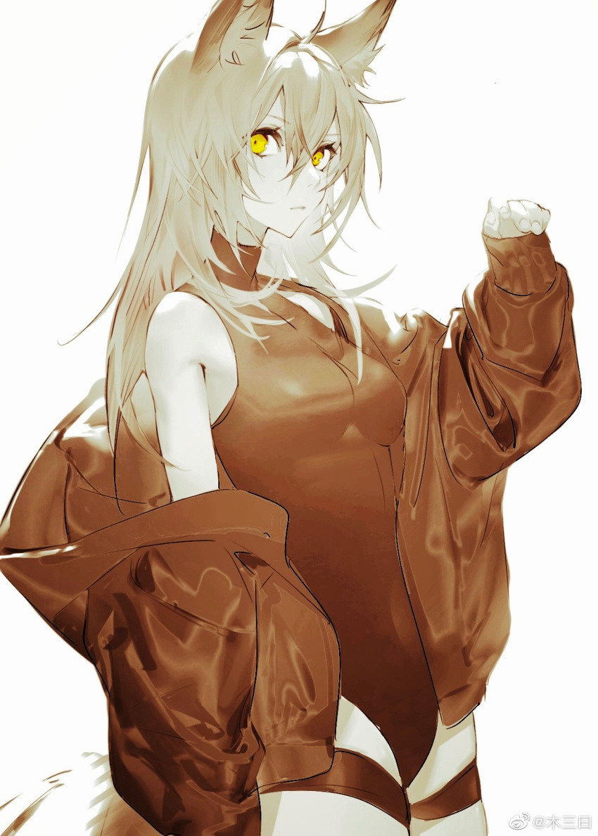 1girl animal_ears arknights bare_shoulders black_leotard blonde_hair bodysuit brown_bodysuit brown_jacket character_request chinese_commentary commentary_request cowboy_shot from_side guanghe_fei_wu hand_up highres jacket leotard limited_palette long_hair off_shoulder simple_background sleeves_past_wrists solo standing tail turtleneck_leotard weibo_logo weibo_username white_background wolf_ears wolf_tail yellow_eyes
