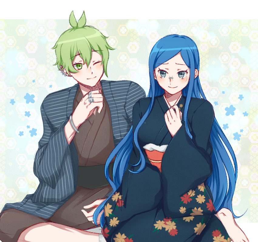 1boy 1girl amami_rantarou blue_eyes blue_hair commentary danganronpa_(series) danganronpa_v3:_killing_harmony donutous floral_background glasses green_eyes green_hair highres japanese_clothes jewelry kimono looking_at_another one_eye_closed ring shirogane_tsumugi sitting smile symbol-only_commentary yukata