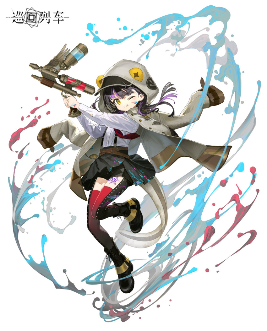 1girl ;q affinity_line black_footwear black_hair black_shorts black_skirt boots brown_coat coat coat_on_shoulders collared_shirt dress_shirt eleanor_(affinity_line) full_body gun hair_over_shoulder highres holding holding_gun holding_weapon hood hood_up hooded_coat long_hair long_sleeves miniskirt multicolored_hair necktie official_art one_eye_closed open_clothes open_coat plaid_necktie pleated_skirt purple_hair red_necktie red_thighhighs shirt sho_(sho_lwlw) short_shorts shorts shorts_under_skirt simple_background skirt solo streaked_hair suspender_skirt suspenders tachi-e thighhighs tongue tongue_out weapon white_background white_shirt yellow_eyes