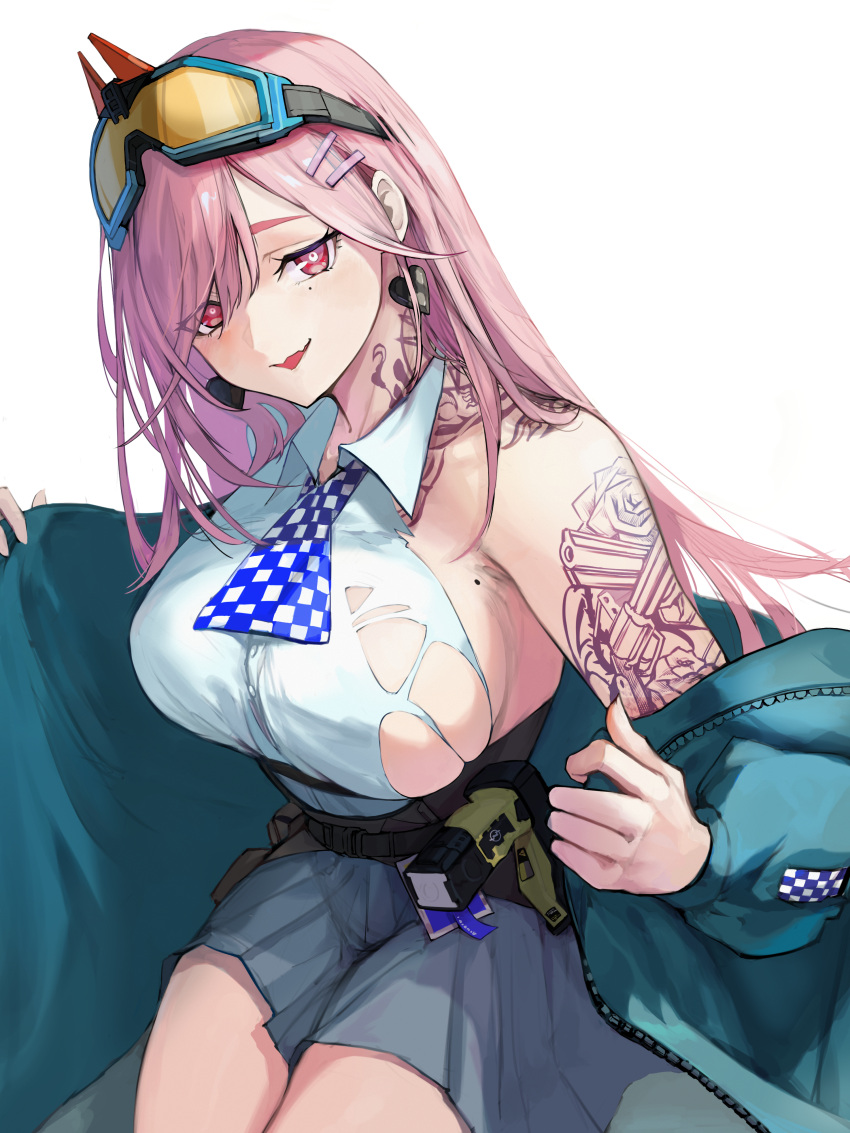1girl absurdres arm_tattoo bare_shoulders blue_jacket breasts collared_shirt commentary_request commission earrings fang girls'_frontline goggles goggles_on_head hair_ornament hair_over_one_eye hairclip highres jacket jewelry large_breasts long_hair looking_at_viewer mole mole_on_breast mole_under_eye neck_tattoo open_mouth pink_hair pleated_skirt red_eyes removing_jacket shirt sideboob sig_mcx_(girls'_frontline) simple_background skeb_commission skin_fang skirt smile solo taser tattoo torn_clothes torn_shirt white_background white_shirt wuming_(vkfu8353)