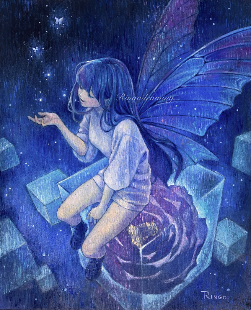 1girl black_footwear black_hair blue_theme bug butterfly butterfly_wings closed_eyes commentary_request cube dress flower full_body hand_up highres long_hair oil_painting_(medium) original painting_(medium) parted_lips ringodrawing sitting smile solo surreal sweater sweater_dress traditional_media white_sweater wings