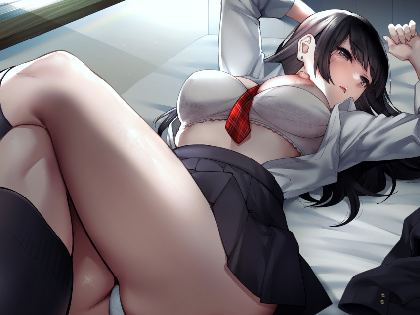 1girl ass bed_sheet between_breasts black_hair black_jacket black_skirt bra breasts brown_eyes day ear_piercing highres jacket jacket_removed large_breasts long_hair long_sleeves lying necktie necktie_between_breasts nipples non-web_source on_back on_bed one_breast_out open_clothes open_shirt original panties parted_lips piercing pleated_skirt red_necktie school_uniform shouji_nigou skirt solo thighs thong underwear white_bra white_panties window