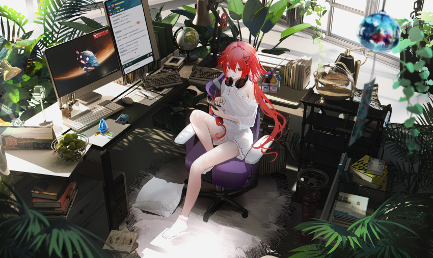 1girl absurdres alternate_costume bare_legs blush braid breasts calendar_(object) casual cellphone chair commission digital_media_player full_body gaming_chair hair_ornament hairclip headphones headphones_around_neck highres keyboard_(computer) looking_at_viewer monitor mouse_(computer) multiple_monitors neptune_(series) no_shoes omone_hokoma_agm orange_eyes phone plant potted_plant red_eyes red_hair shin_jigen_game_neptune_vii shirt sitting socks solo swivel_chair tennouboshi_uzume twin_braids twintails white_shirt white_socks