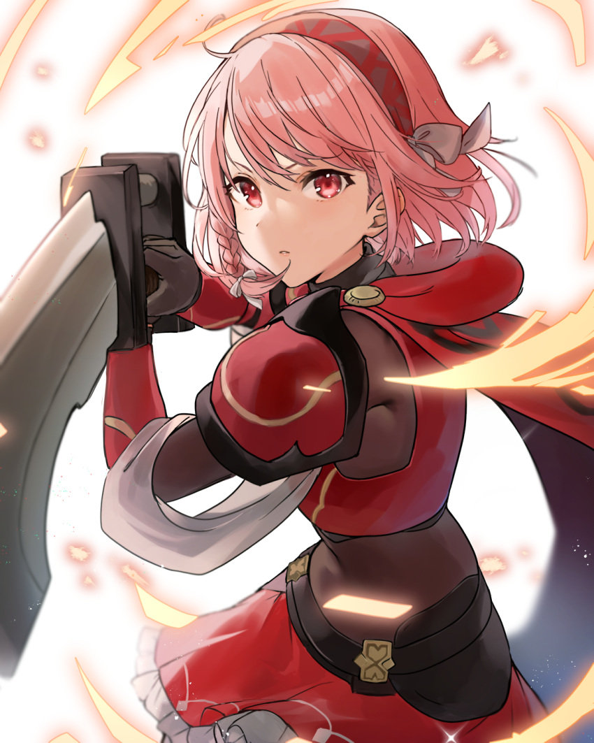 bodystocking fire_emblem foreshortening haru_(nakajou-28) highres holding holding_sword holding_weapon lapis_(fire_emblem) looking_at_viewer pink_hair red_armor ribbon short_hair sword weapon white_background