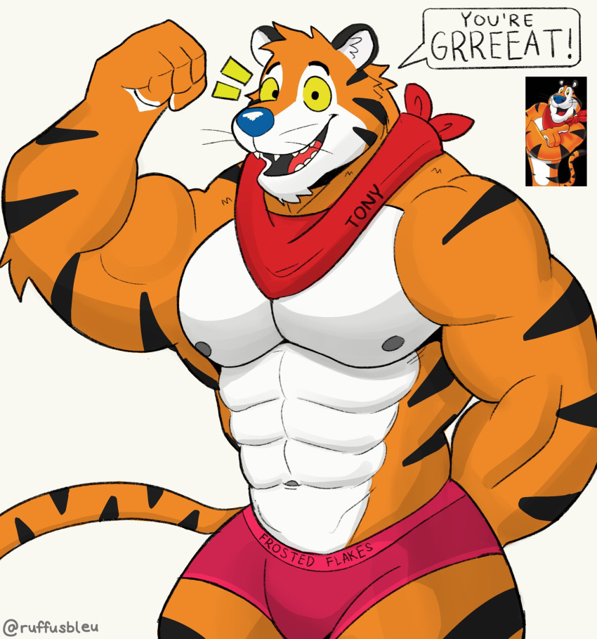 2023 abs anthro barazoku biceps biped black_body black_fur black_stripes bulge clothed clothing dialogue digital_media_(artwork) english_text eyebrows felid frosted_flakes fur hi_res kellogg's kerchief male mammal mascot muscular muscular_anthro muscular_male navel nipples orange_body orange_fur pantherine pecs reference_image ruffusbleu simple_background solo speech_bubble striped_body striped_fur stripes tail talking_to_viewer text thick_thighs tiger tony_the_tiger underwear underwear_only white_background white_body white_fur yellow_sclera
