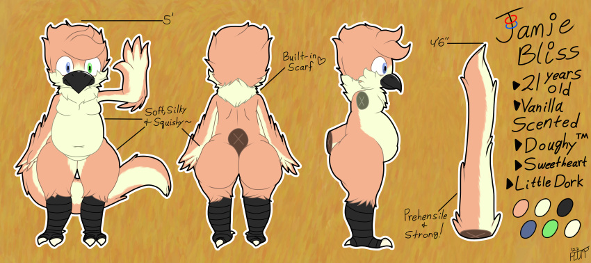 absurd_res anthro avian balls beak belly big_butt black_beak butt cheek_tuft chubby_male describing_size describing_tail description facial_tuft feather_hands feathers fluffy fluffy_tail flump_(artist) genitals head_tuft heterochromia hi_res jamie_bliss_(flump) long_tail male model_sheet moobs navel neck_tuft nude prehensile_tail short simple_background slightly_chubby solo tail talons tuft wide_hips
