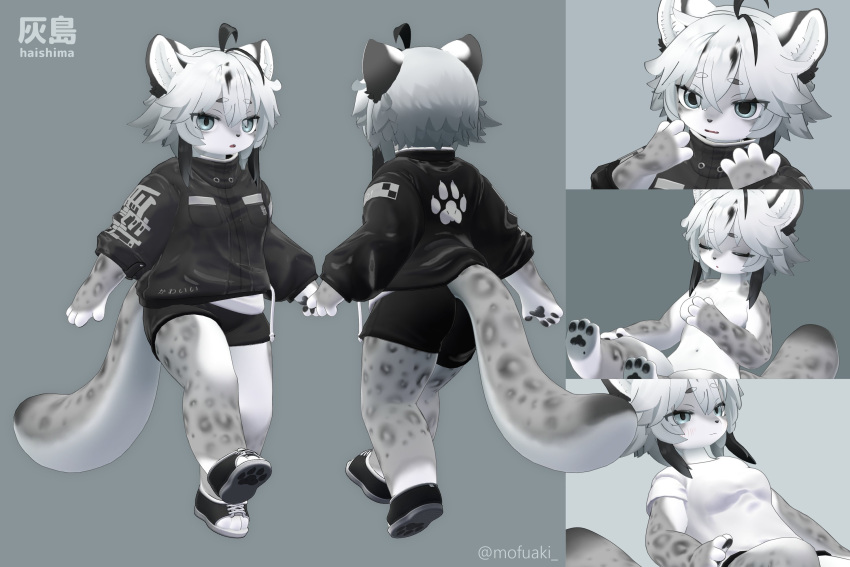 1:1 2023 3_toes 3d_(artwork) 4_fingers :3 ahoge anthro baggy_clothing baggy_topwear biped black_bottomwear black_clothing black_coat black_ears black_footwear black_hair black_highlights black_nose black_pawpads black_pupils black_shoes black_shorts black_topwear blush bottomwear breasts cjk_character clothed clothing coat countershade_arms countershade_face countershade_fur countershade_hands countershade_legs countershade_neck countershade_tail countershade_torso countershading cute_fangs digital_media_(artwork) eyelashes eyes_closed featureless_breasts feet felid female female_anthro fingers fluffy fluffy_tail footprint footwear front_view full-length_portrait fully_clothed fur grey_background grey_body grey_eyes grey_fur grey_hair grey_highlights grey_spots grey_tail gym_bottomwear gym_clothing gym_shorts hair half-length_portrait handpaw hi_res highlights_(coloring) hindpaw japanese_text kemono leopard_spots mammal markings mofuaki multicolored_body multicolored_ears multicolored_fur multicolored_hair multicolored_tail multiple_angles multiple_images navel nude open_mouth pantherine pawpads pawprint pawprint_print paws portrait pupils rear_view shirt shoes short_hair shorts simple_background sitting small_breasts snow_leopard solo spots spotted_body spotted_fur spotted_markings spotted_tail standing tail tail_markings text three-quarter_view toeless_footwear toeless_shoes toes topwear two_tone_body two_tone_ears two_tone_fur two_tone_tail white_body white_clothing white_countershading white_ears white_fur white_hair white_inner_ear white_shirt white_tail white_topwear